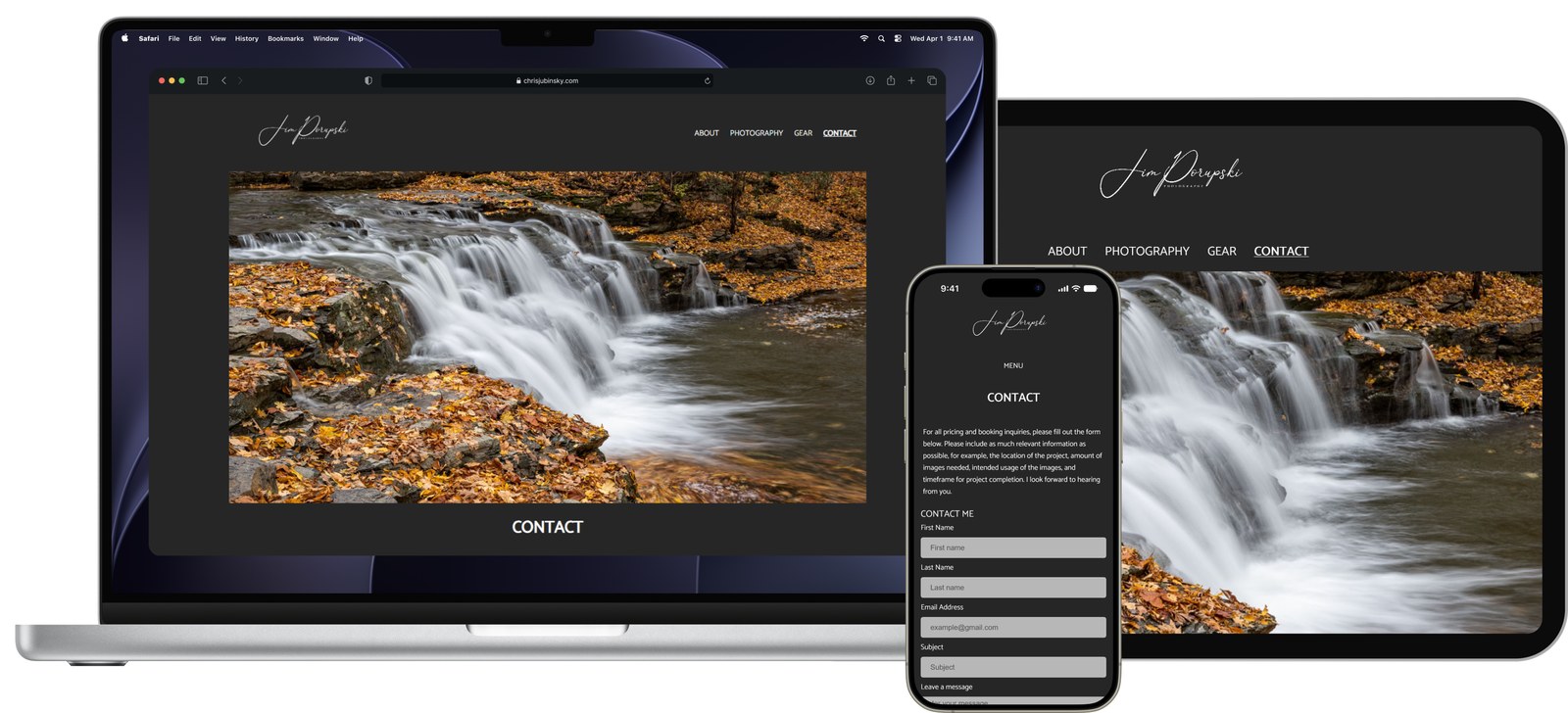 The site's dark theme shown across a laptop, tablet, and phone