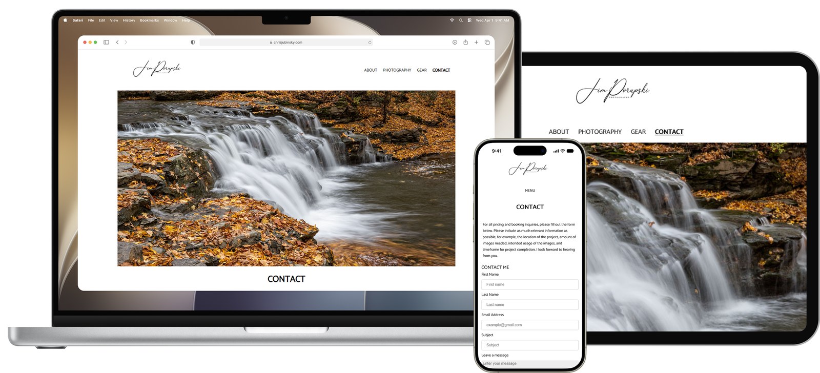 The site's light theme shown across a laptop, tablet, and phone