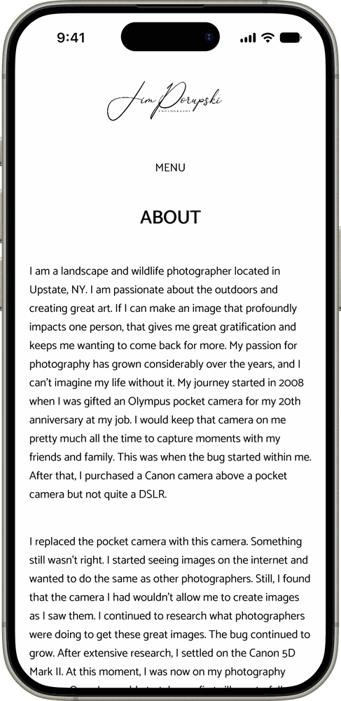 The About page at the mobile breakpoint, with the menu collapsed and the hero image removed