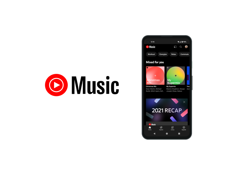 YouTube Music home screen on a phone, showing mood mixes and a 2021 Recap card