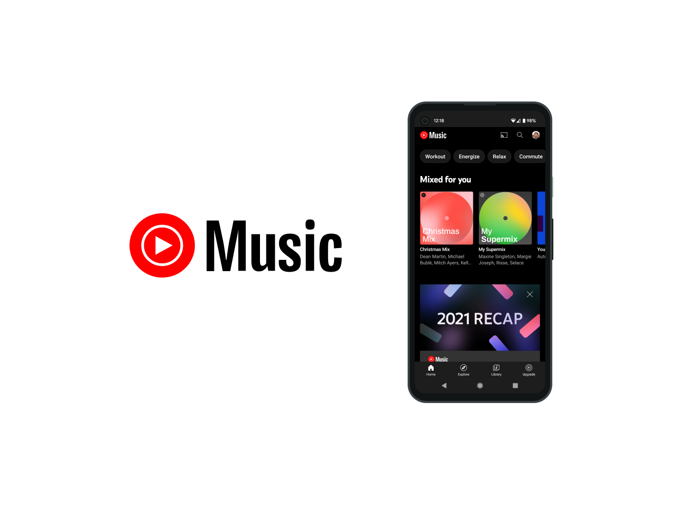 YouTube Music home screen on a phone, showing mood mixes and a 2021 Recap card